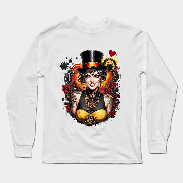 Steampunk Gothic Bohemian girl retro vintage floral poster Long Sleeve T-Shirt by Neon City Bazaar